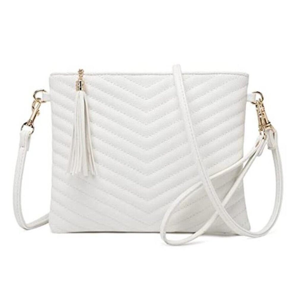 White Vegan Leather Shoulder Bag Clutch Crossbody Wallet With Wristlet Strap - Picture 2 of 7